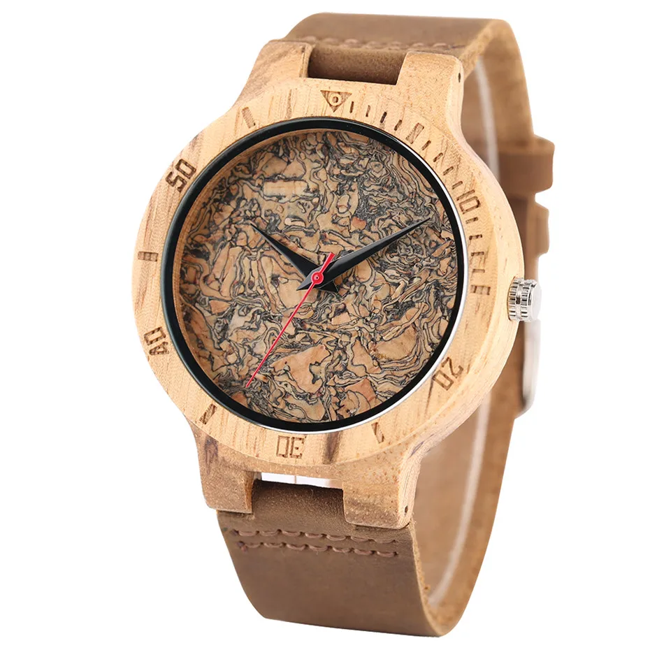 YISUYA Creative Nature Broken Leaf Wood Watch Men Analog Quartz Leather Strap Fashion Novel Bamboo Wrist Watch Women Modern Cool Clock  Irregular (2)