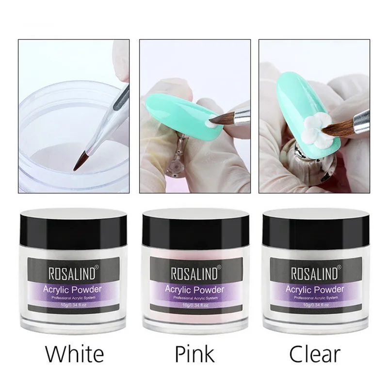 

ROSALIND 10g Brand 3D Painting Acrylic Powder Crystal Nail Art Tips Builder Transparent Acrylic Nail Powder Manicure 3 Colors
