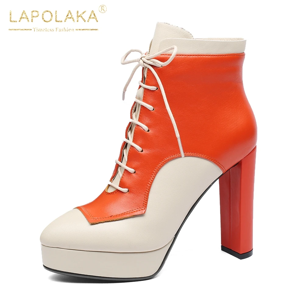 

LAPOLAKA Brand new Genuine Leather Platform Lace Up Ankle Boots Woman Shoes Chunky High Heels Cow Leather Shoes Woman Boots