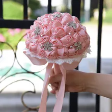 Ручная работа атласные розы свадебные букеты Твердые Свадебные Поставщики невесты Холдинг Цветы Кристалл украшают ручной Букет