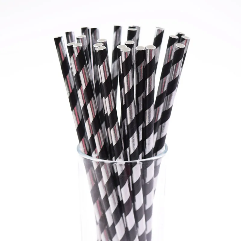 

25PCS Silver Black Striped Paper Straw For Baby Shower Birthday Wedding Decorative Party Event Foil Drinking Straws