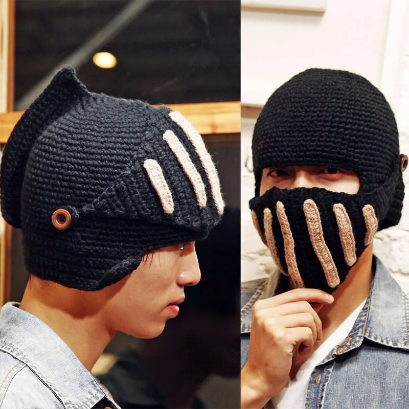 Fashion-Keep-Warm-Men-Unisex-Roman-Knight-Helmet-Caps-Cool-Handmade-Knit-Ski-Hat-Winter-Hats