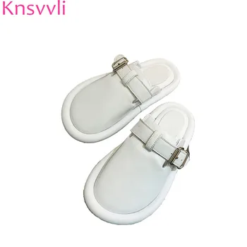 

Knsvvli White Genuine Leather Slippers Woman Round Toe Metal Belt Buckle Casual Shoes Fashion Comfort Flat Mules Shoes Women