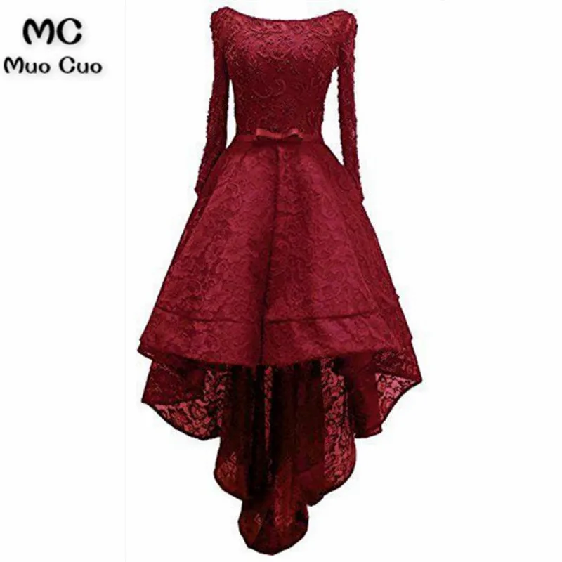 

New 2018 Burgundy Prom Dresses Long Sleeves Scoop Floor Length High Low Gown Formal Women's Evening Dresses Prom Dress