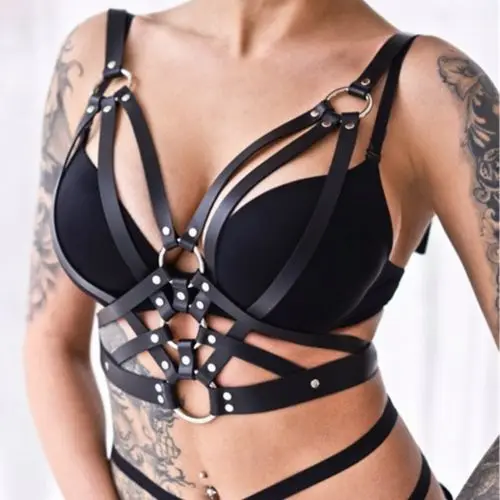 Женская мода панк готический бюстгальтер кожаный ремень безопасности тела Связывание Топ грудь ремни - Цвет: Черный