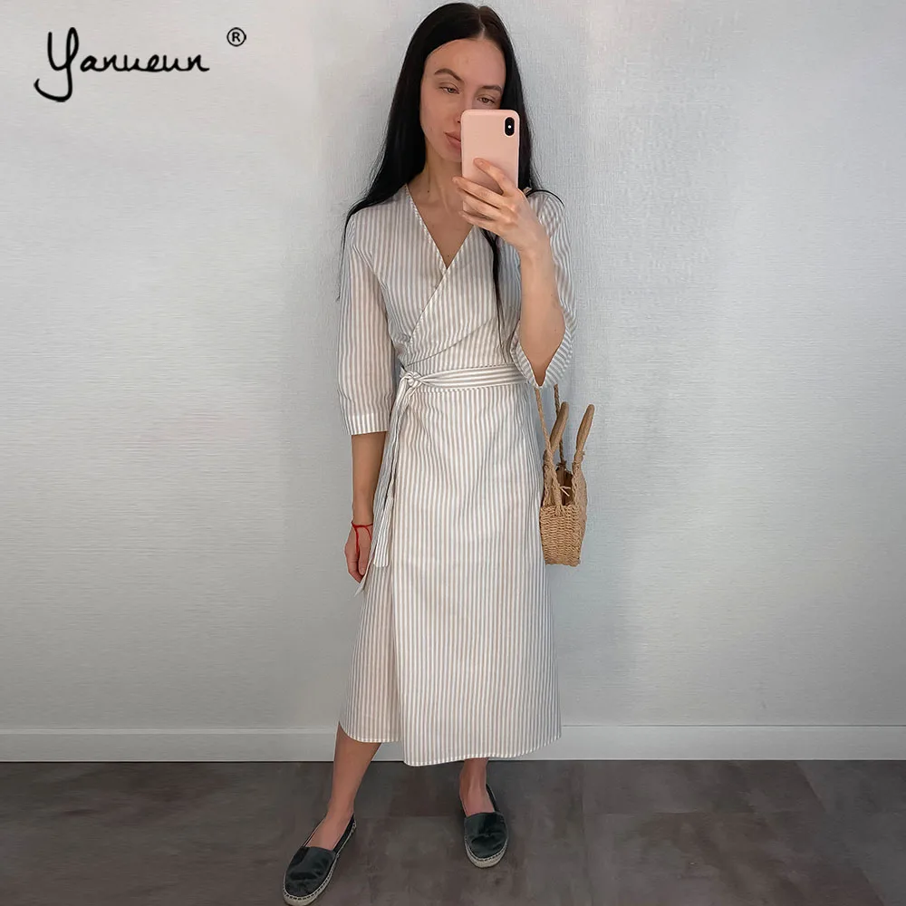 

Yanueun 2019 Spring Summer Hot Striped V Neck Midi Calf Dress With Sashes Women Streetwear Normcore Dress