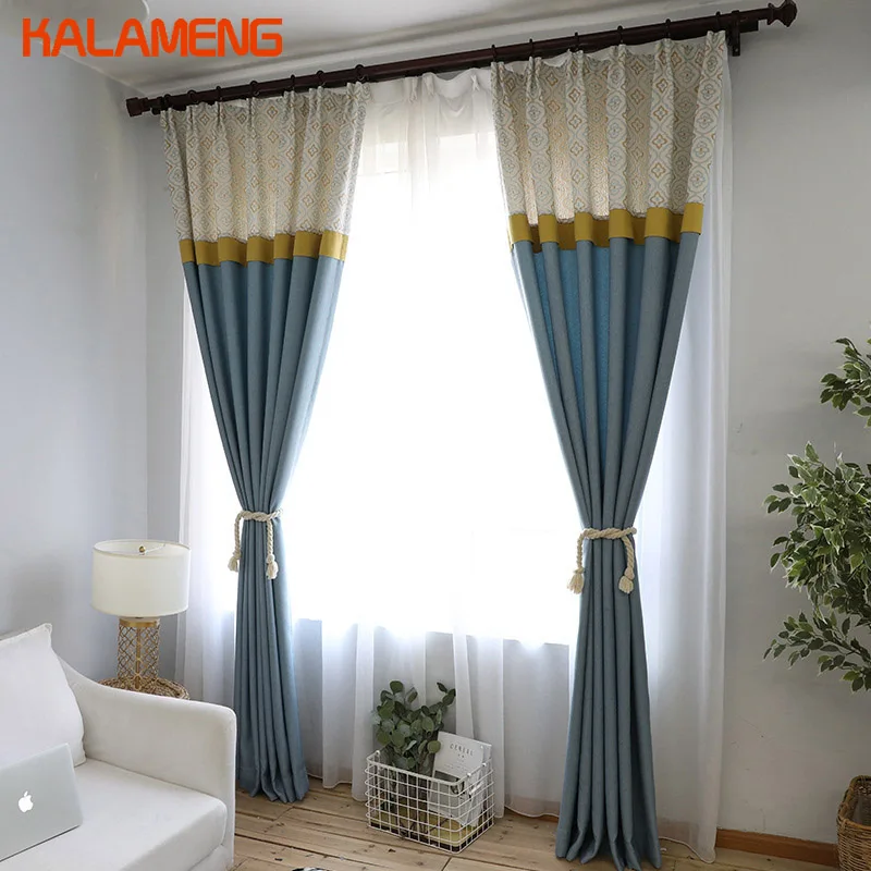 

Modern Joint Split Solid Blue Curtains Cotton Linen Custom Made Middle Shade Fixed Rope Asian Hospital Window Tulle New AXY8038