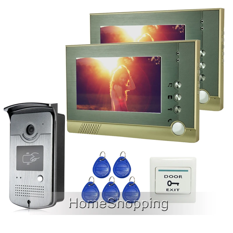 

FREE SHIPPING Home Security Wired 7" TFT Video Intercom Door Phone System 1 RFID Access Doorbell Camera + 2 Monitors Whole sale