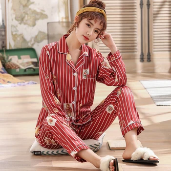 

2019 Spring Autumn Casual Striped Silk Satin Pajama Sets for Women Long Sleeve Sleepwear Pyjama Loungewear Homewear Pijama Mujer