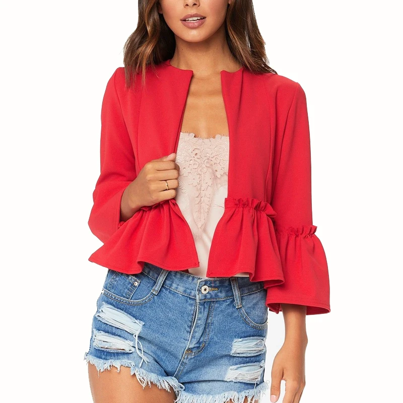 BHplushyee Chaqueta mujer 2018 красный оборками короткая куртка Для женщин Мода Flare рукавом