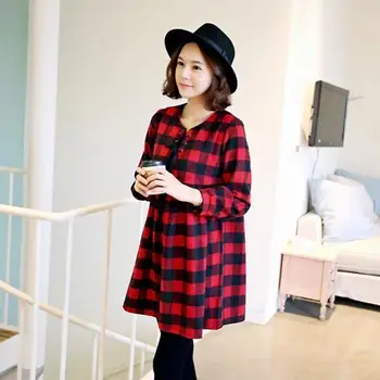 

Maternity dress Spring autumn long sleeve plaid Maternity clothes for Pregnant women clothing red and black plaid large size