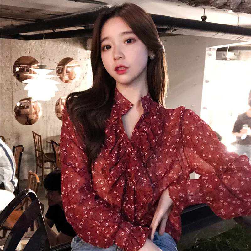 Cena BGTEEVER Floral Print Ruffles Topy Tees V neck Pełna Rękaw Bluzki Koszula Szyfonowa Kobiety Osnowy Elegancki Crop Top 2018 Jesień