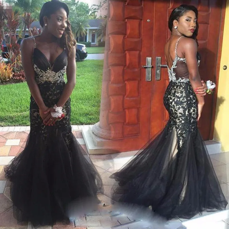 

Black Lace Beaded Mermaid Evening Dresses 2019 Sexy V Neck Tulle Spaghetti Strap Long African Formal Prom Gowns vestido de festa