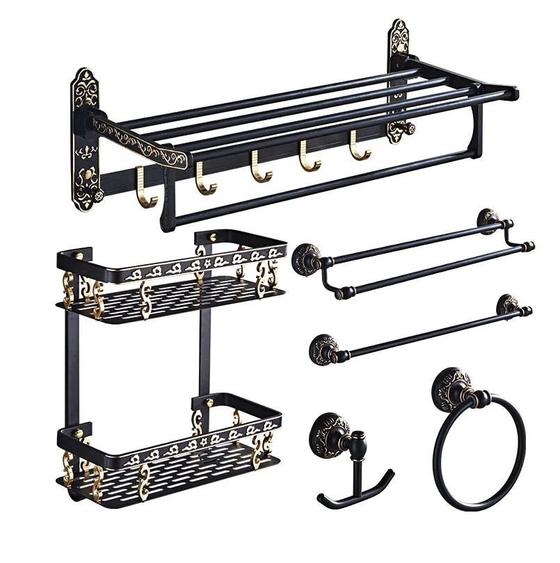 

MYPOAYHODO Bathroom Hardware Pendant Set Black Rack Combination 2 Towel European Style Bathroom Accessories Set