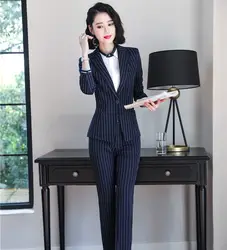 Новинка 2019 Модные женские темно-синие полосатый Блейзер женские брюки деловой костюм женские деловые костюмы офисный униформенный стиль