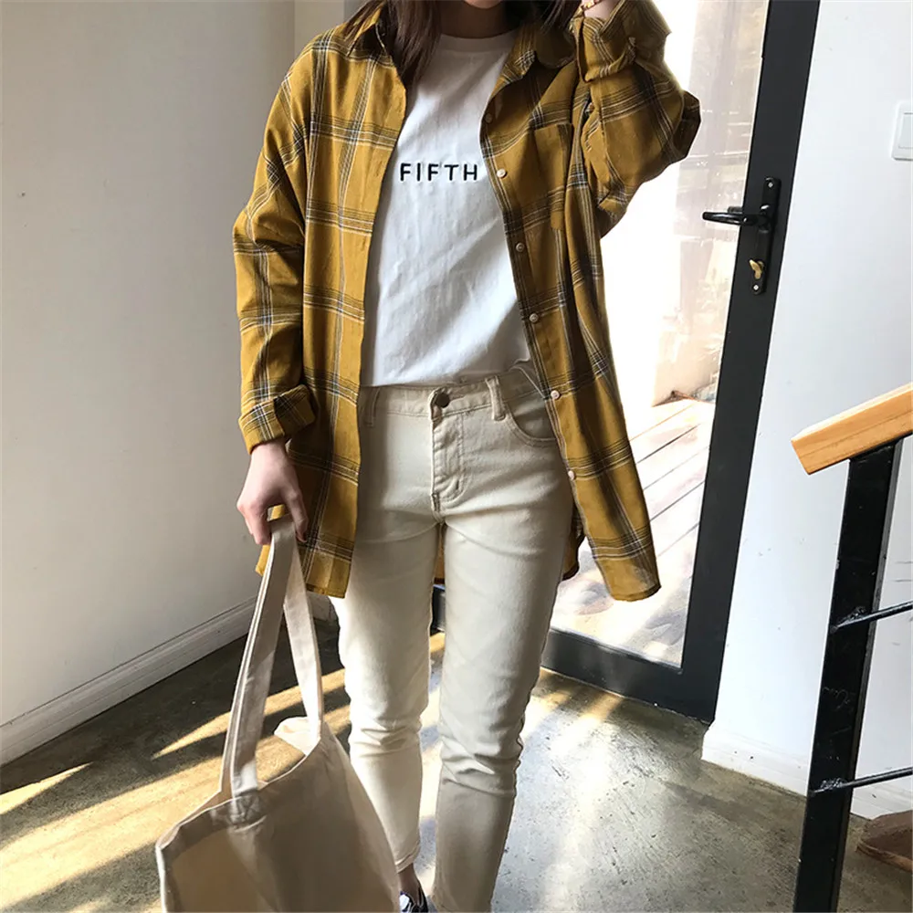 Big Loose women plaid blouses shirts 2018 Women Office Air Conditioner Blouse Shirt Female Outerwear Casual Pocket Shirts (25)