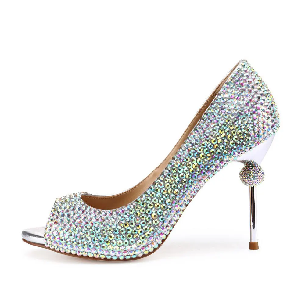

ACILICI2018018 European and American High-heeled Colourful diamonds Fish-mouth Sexy Wedding Shoe Women Shallow Mouth Pumps