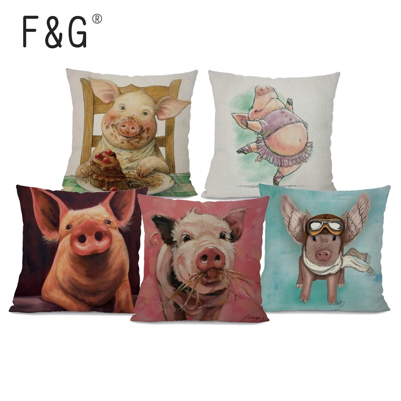 

Cotton Linen Cushion Cover Cute Pig Pattern Cartoon Home Throw Sofa Pillowcase Bedroom Chair Waist Pillow Cover Decor