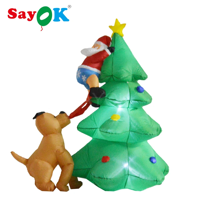 

6 Foot inflatable Christmas tree with Santa Claus Climbing on Chased by Dog Funny for Yard Christmas decorations