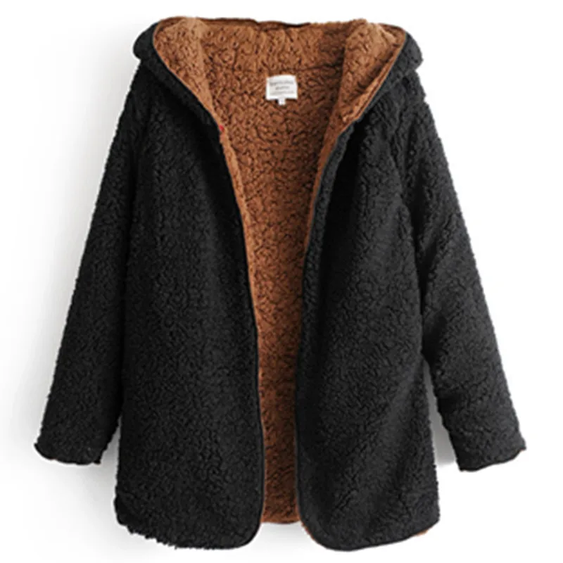 Осень-зима, новинка, двухсторонняя Меховая куртка, шерстяное длинное плотное пальто для женщин, теплое мягкое флисовое плюшевое пальто с капюшоном, верхняя одежда - Цвет: Black