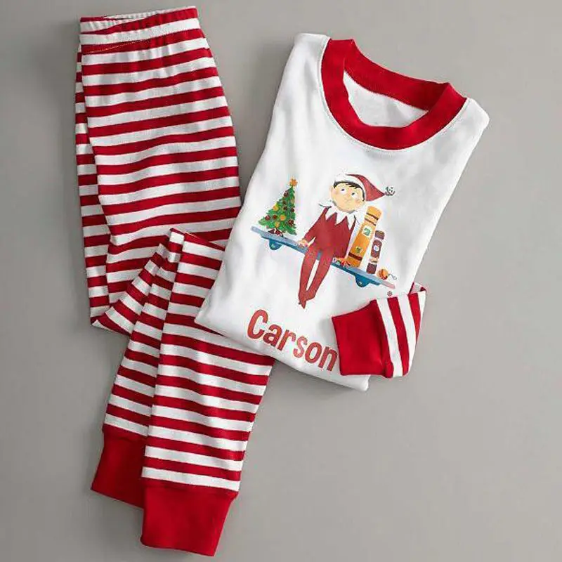 Новинка; Модный семейный Рождественский пижамный комплект; одинаковые топы с рисунком для взрослых и детей+ штаны в полоску; Рождественская одежда для сна; пижамный комплект