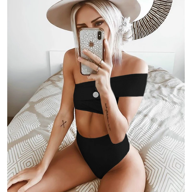 Billige 2019 neue Sexy Eine Schulter Bikinis Badeanzug Frauen Bademode Solid Bikini Hohe Taille Badeanzüge Sommer Strand Tragen Schwimmen Anzug