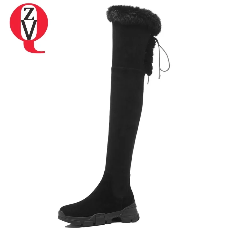 

ZVQ women shoes 2019 newest concise kid suede round toe med wedges platform zipper over knee boots winter plush warm snow boots
