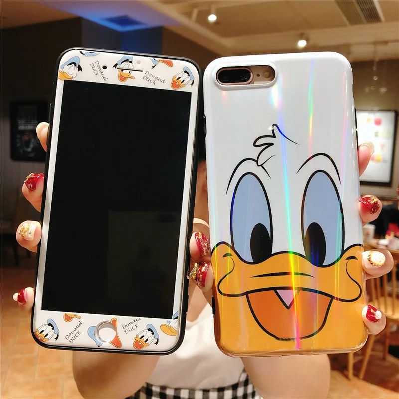 For iphone 8 8plus daisy Donald phone Cover &amp Tempered Glass Screen FLim for iPhone X 6 6s 6P 7 7plus shiny aurora laser case |