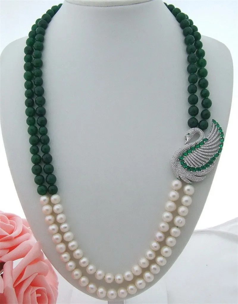 CZ swan Connector White Round Pearl greenAgate 2 row Necklace 25&quot | Украшения и аксессуары