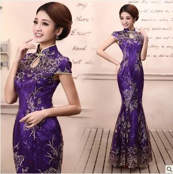 beaded elegant cheongsam wedding qipao long party chinese traditional dresses purple lace embroidery fish tail mermaid sequins