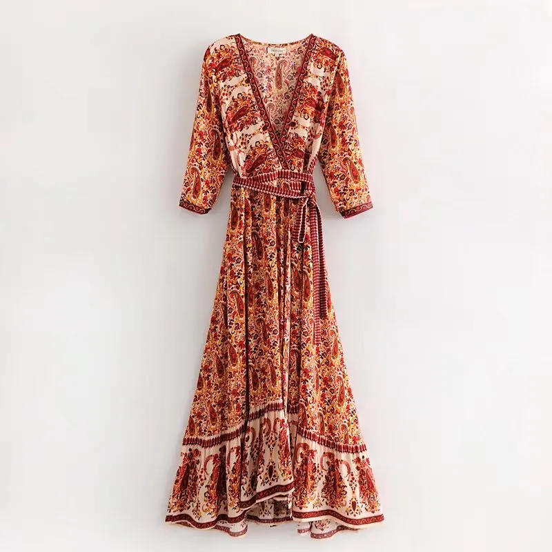 

PERHAPS U red print bohemian boho 3/4 sleeve deep v neck sash wrap dress maxi long D0678
