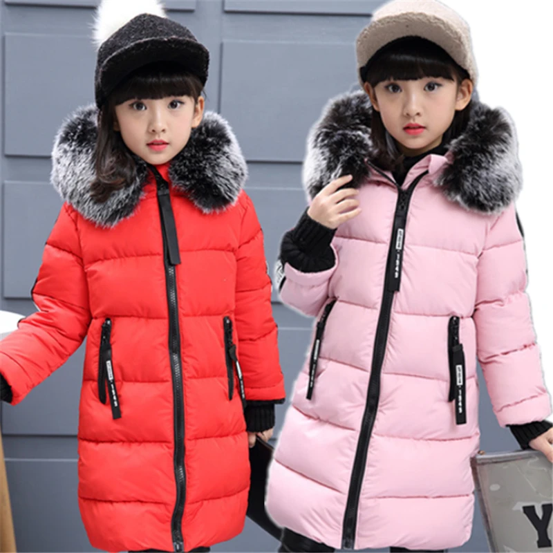 

Russian Girls Winter New Cotton Jackets children Fur Collar Coats girl Thickening Hooded Warm down Jacket -30 Degrees