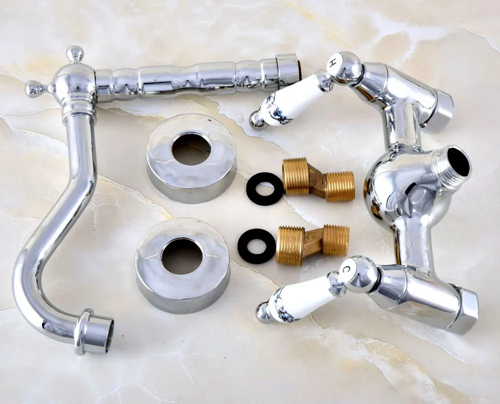 Polished Chrome Brass Wall Mount Kitchen Sink Faucet Swivel Spout Mixer Tap Dual Ceramics Handles Levers anf566