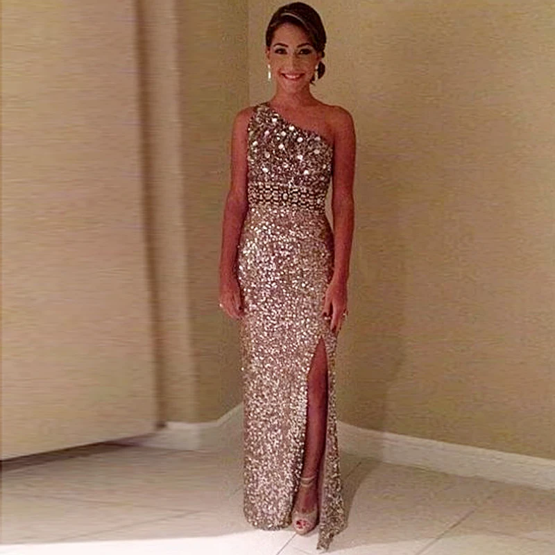 Bling Bling Prom Dresses One Shoulder Sequins Crystal Sexy Backless