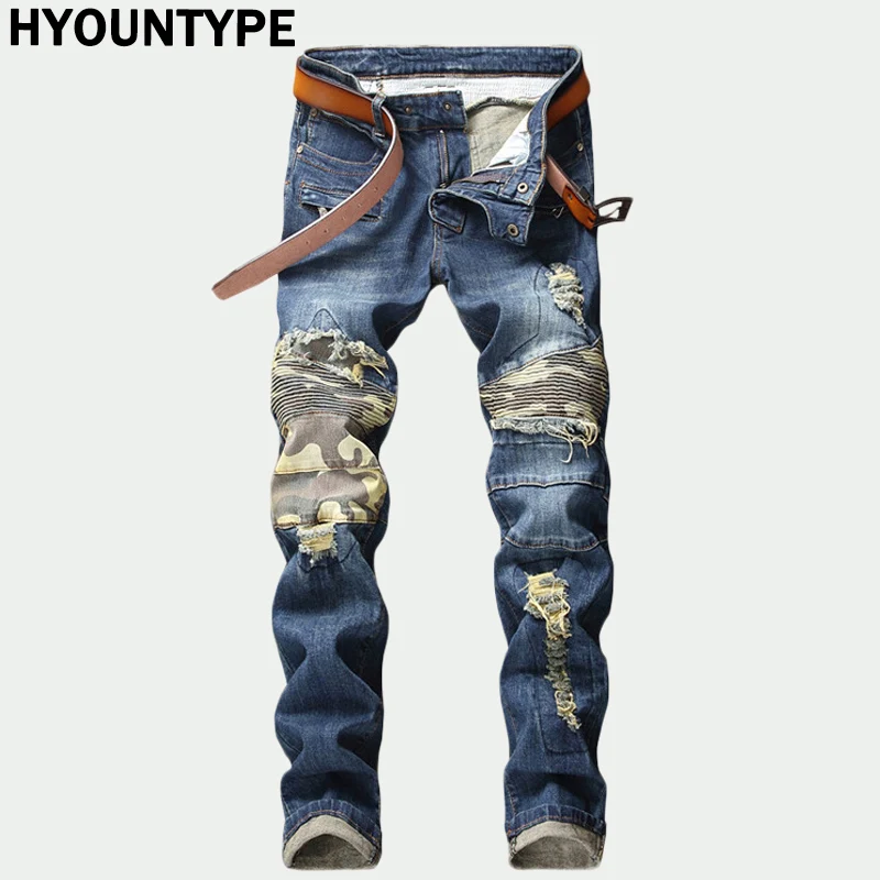 Mens Knee Pleated Ripped Denim Jeans Fashion Patchwork Camouflage Retro Blue Motorcycle Trousers Hiphop Streetwear Biker Pants