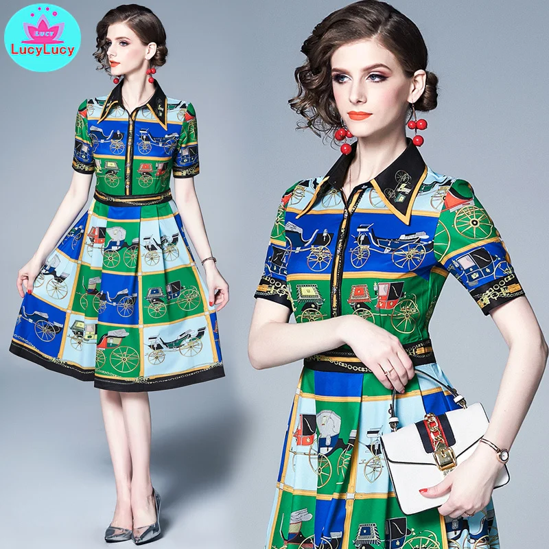 

2019 summer European and American new temperament short-sleeved French green printed slim dress Regular Knee-Length Button