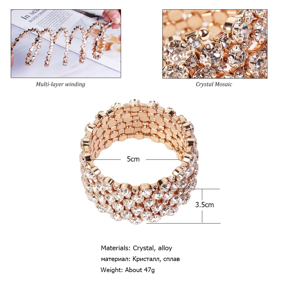 Золотой Серебряный широкий многослойный Полный Стразы Браслеты и браслеты для женщин Открытый регулируемый браслет манжеты браслеты Роскошные ювелирные изделия