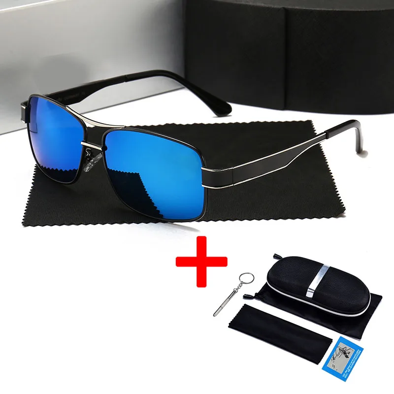 Поляризационные солнцезащитные очки для мужчин, роскошные брендовые дизайнерские металлические Квадратные ретро солнцезащитные очки, мужские солнцезащитные очки с покрытием для вождения, gafas de sol hombre - Цвет линз: BLUE-Zip Box