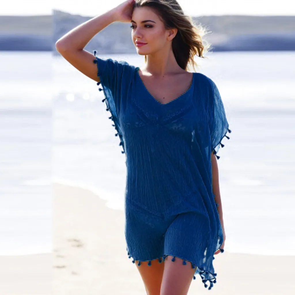 

Sexy Beach Cover Up Women Boho Beach Dresses Solid Tessel Patchwork Holiday Chiffon Dress Smork Swimsuit Cover Up Robe De Plage