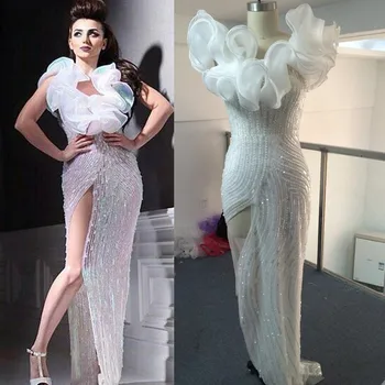 

Luxury Beaded Sequins Prom Gown vestidos de fiesta Organza Tulle High Split Evening Dress for Wedding Party Custom Made