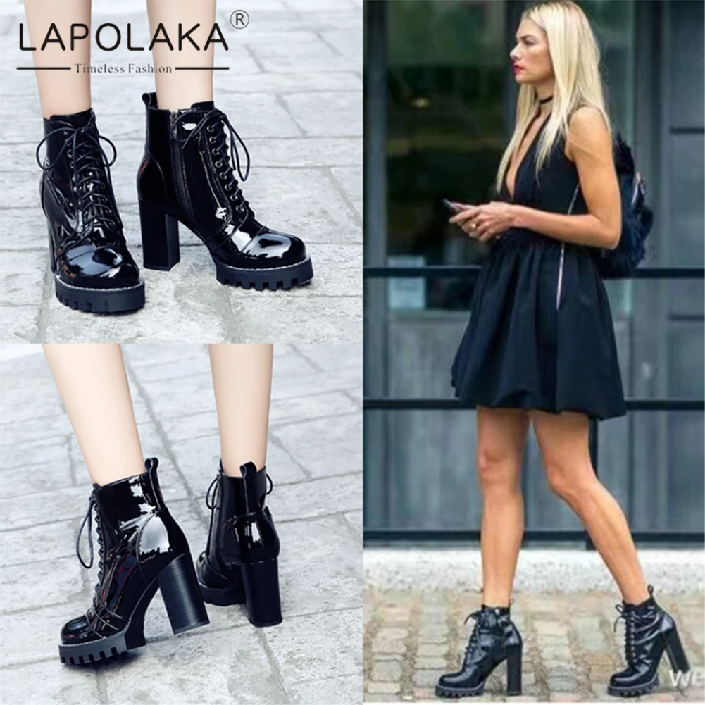 

Lapolaka Brand New Big Size 41 Patent Genuine Leather Ladies High Heels Platform Shoes Woman Party Ol Autumn Winter Ankle Boots