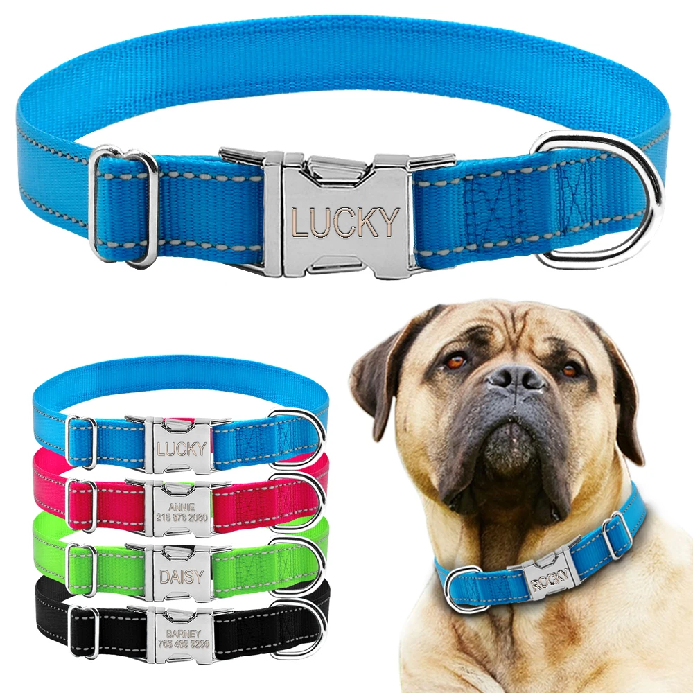 Reflective Nylon Personalized Dog Collars Custom Pet Tag Collars
