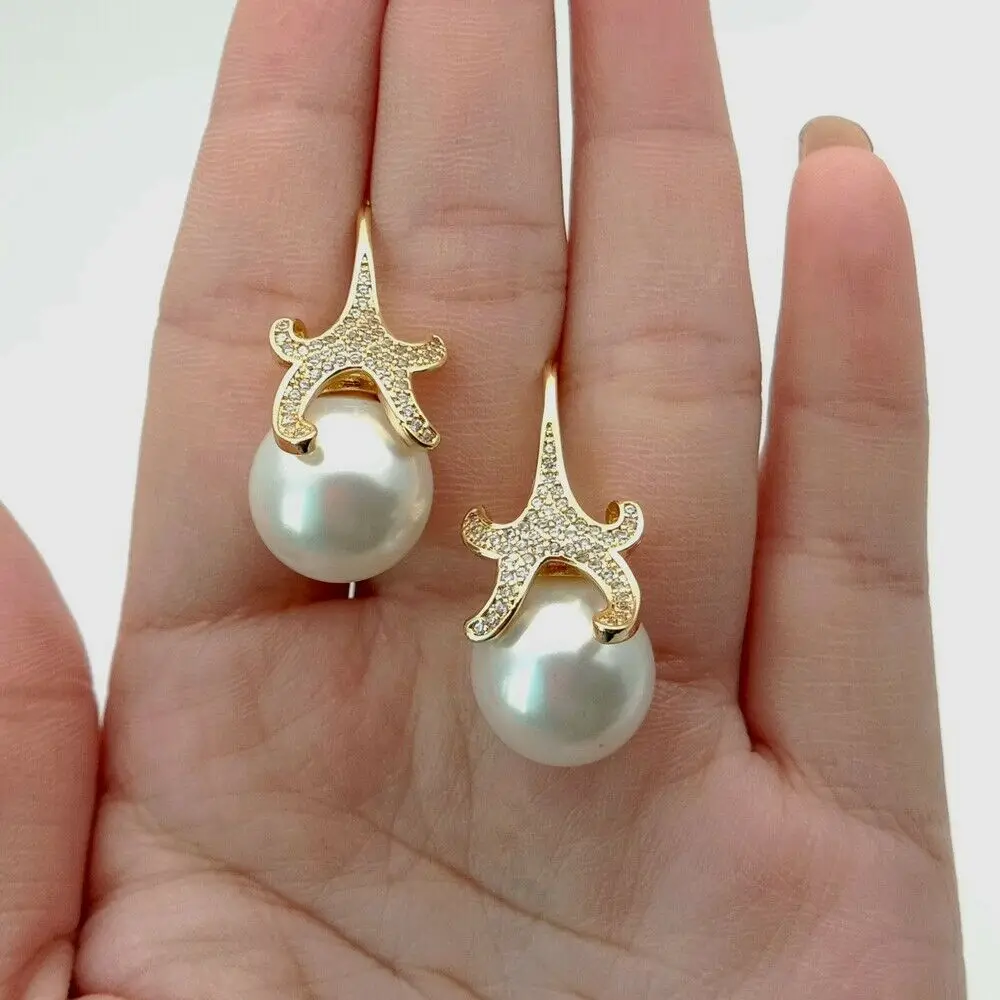 19031114 14mm white sea shell Pearl starfish Cz pave Hook Earrings