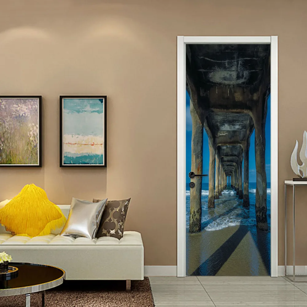 

2sheets/pc Modern New Landscape Sea Stone Bridge Adhesive HD Door Sticker Relaxing Art Paper Mural Poster Bedroom Decor NFD