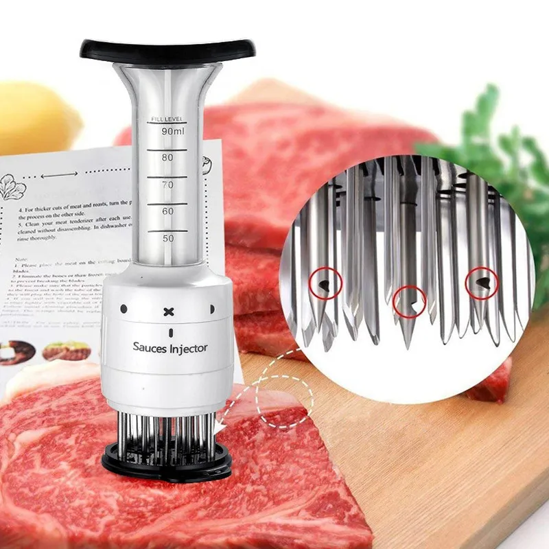 FYANER Stainless Steel Sharp Needle Blades Meat Injector 2 in 1 Needle Meat Tenderizer Sauces Injector Marinade Flavor Syringe Kitchen Accessories 3 injection needle pinhole 304 Stainless Steel 