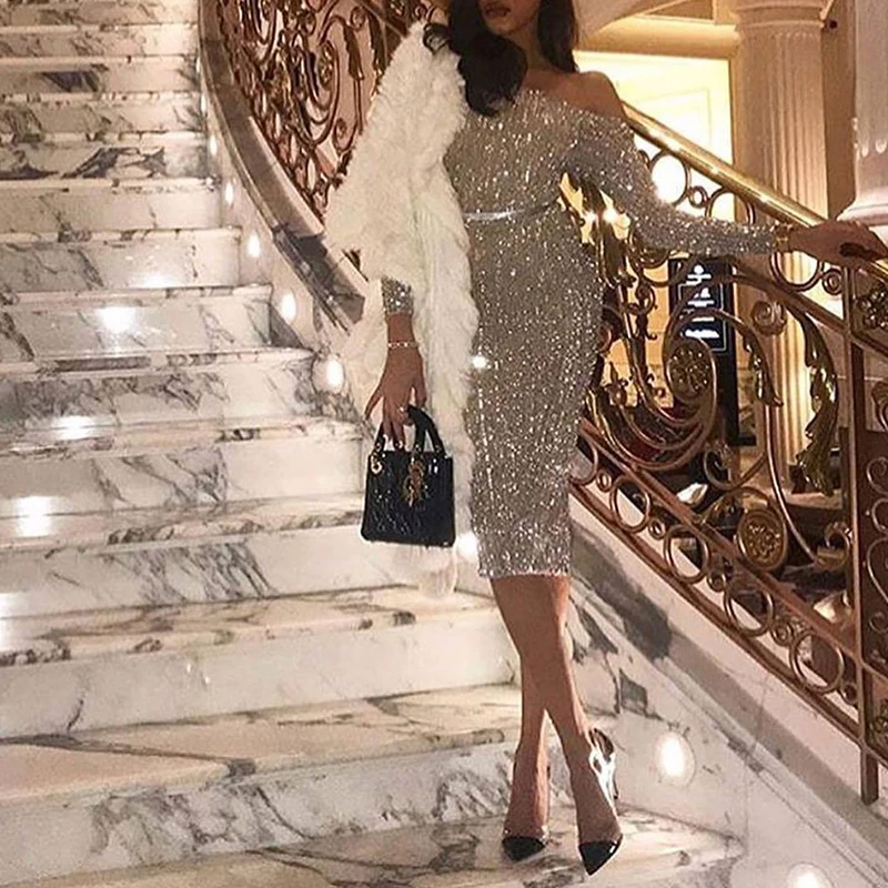 

Women Sequins Glitter Dress Off Shoulder Bodycon Cocktail Party Club Party Dress