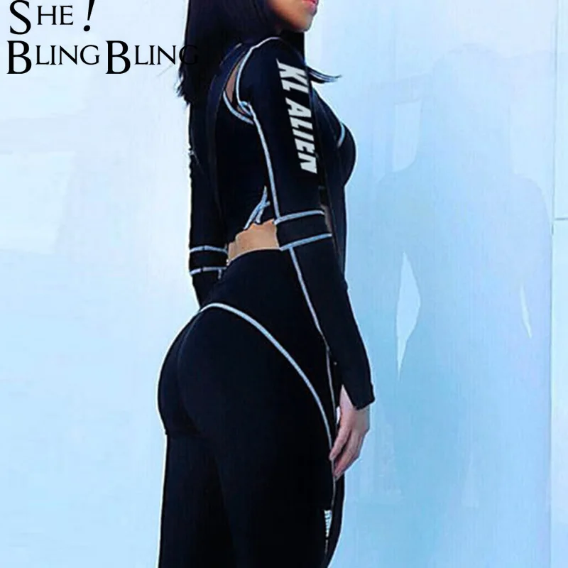 

SheBlingBling Summer Black 2 Piece Sport Suit Women Set Long Sleeve Stripe Crop Top Push Up Leggings Fitness Two Piece Outfits