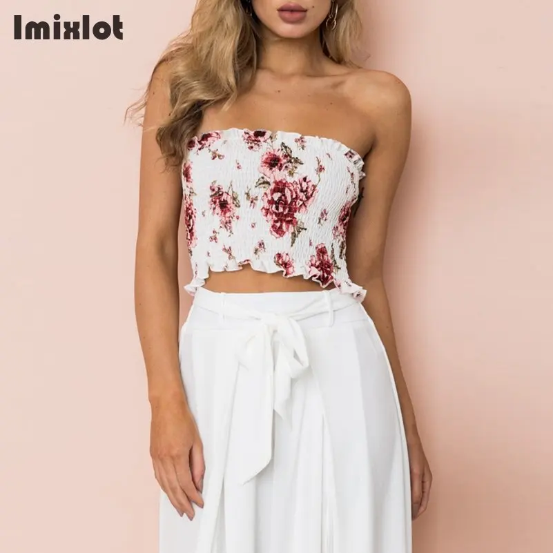 

New Style Ladies Strapless Tube Flower Printed Bandeau Woman's Sexy Off Shoulder Ruched Tube Tops Summer Crop Top Size S-XL