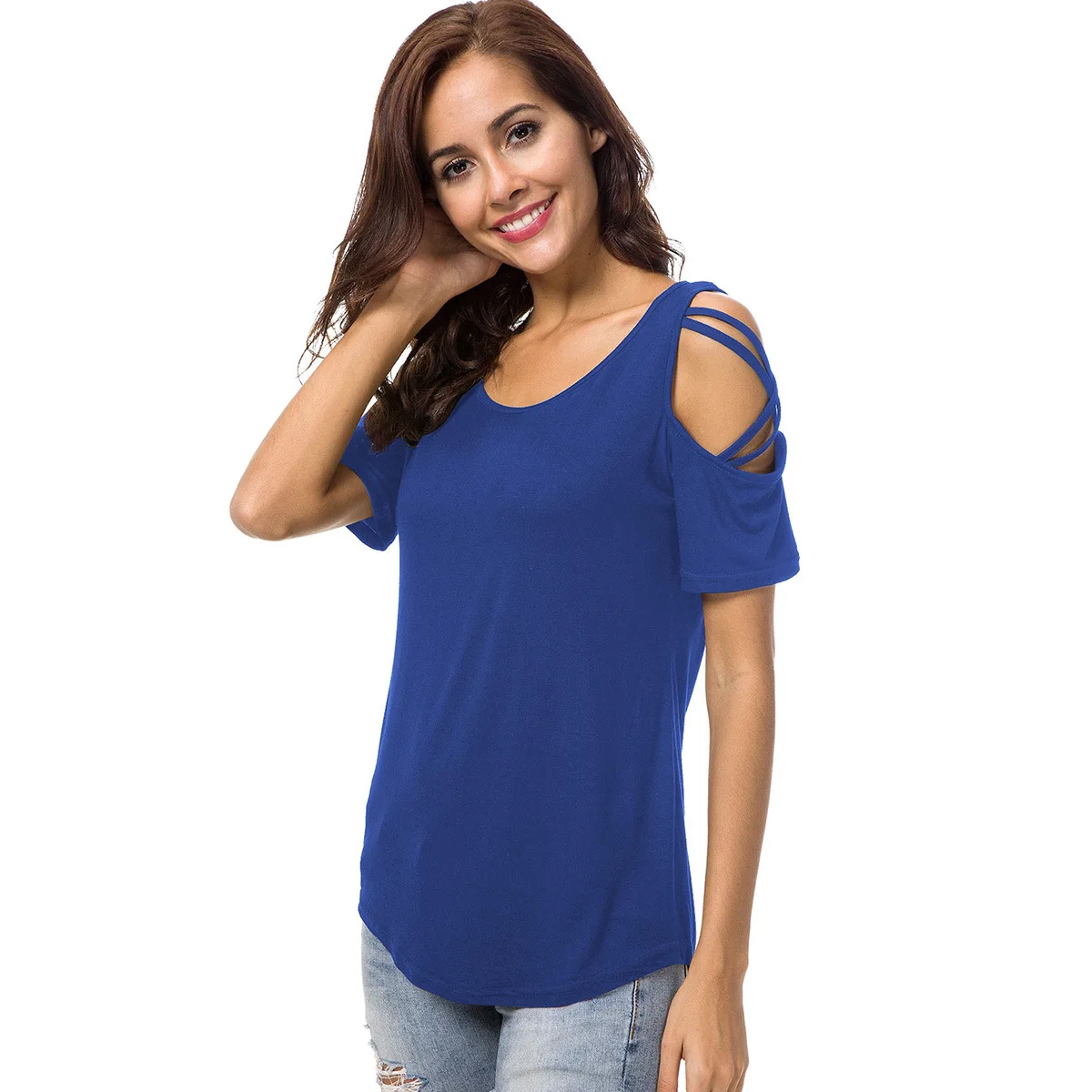 

Women Thin Tshirt Summer Girl Casual Tee Solid Color Cotton Short Sleeve Cold Shoulder T-Shirt Magliette Donna Office Clothes