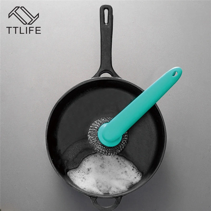 

TTLIFE 2 color Kitchen Dishwashing Brush Long Handle Steel Ball Pot Brush Clean Ball Wire Ball Wash Pot Brush Home Clean Tools